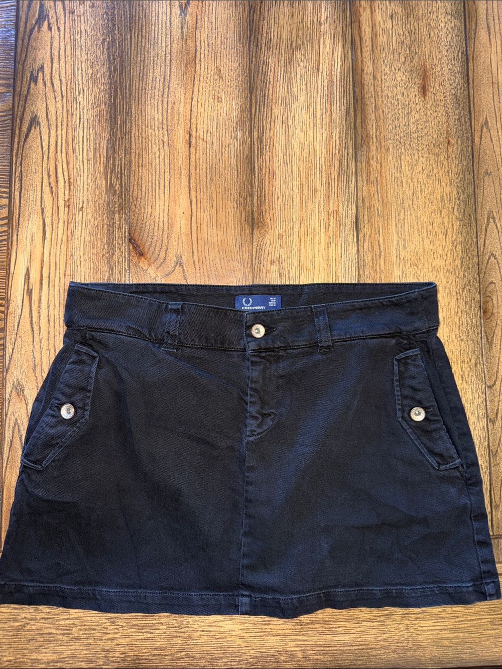 Fred Perry Black Mini Jean Skirt with Buttoned Flap Pockets 2003